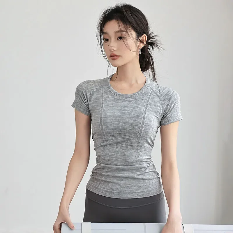 

Summer Tight and Thin Yoga Clothes Short-sleeved Round Neck Quick-drying Breathable Running Sports T-shirt Elastic Pilates Top