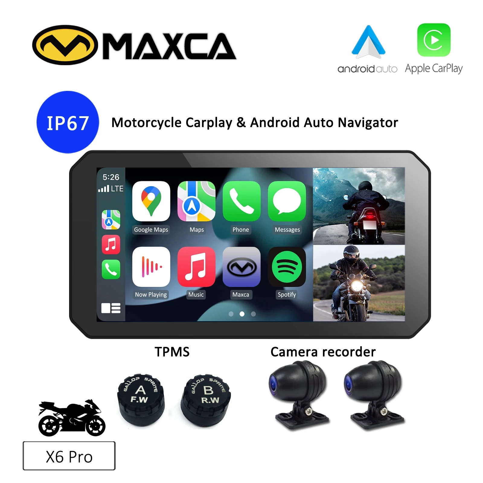 Maxca X6 Pro Moto Wireless CarPlay Android Auto Navigator With Dual Camera Riding Recorder Tire Pressure Monitor