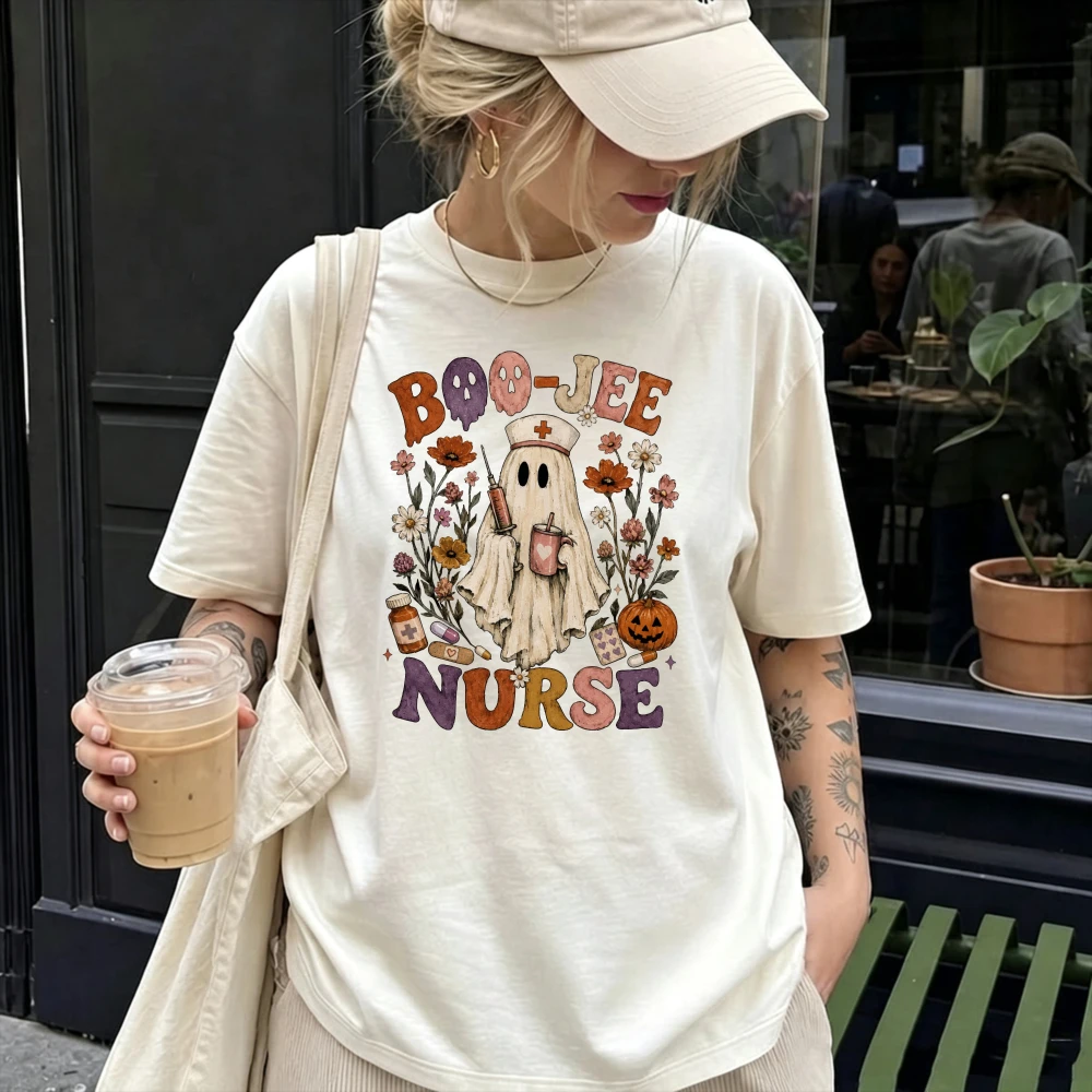 Vintage Boo Jee Nurse Halloween T Shirt Women Ghost Floral Pumpkin Print Cotton Short Sleeve Graphic Tees Tops Graphic T Shirts