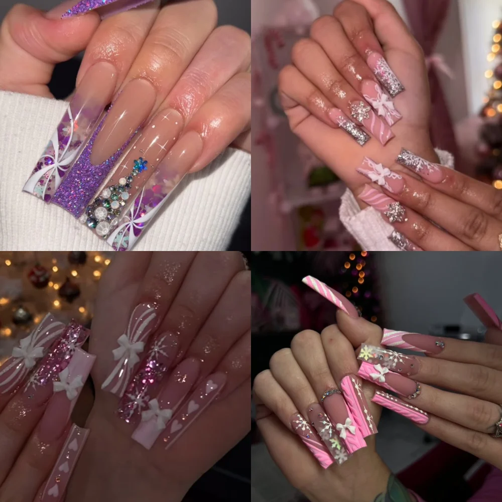 

Christmas Press On Nails Handmade Square Fake Nails Painting French 3D Snowflake Design False Nails Reusable 10 Pcs Nails Kit