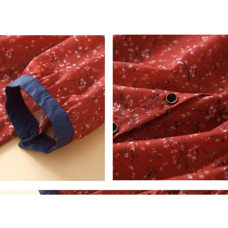 Women's Ramie Floral Shirt Single Breasted Thin Color Block Lapel Long Sleeve Top