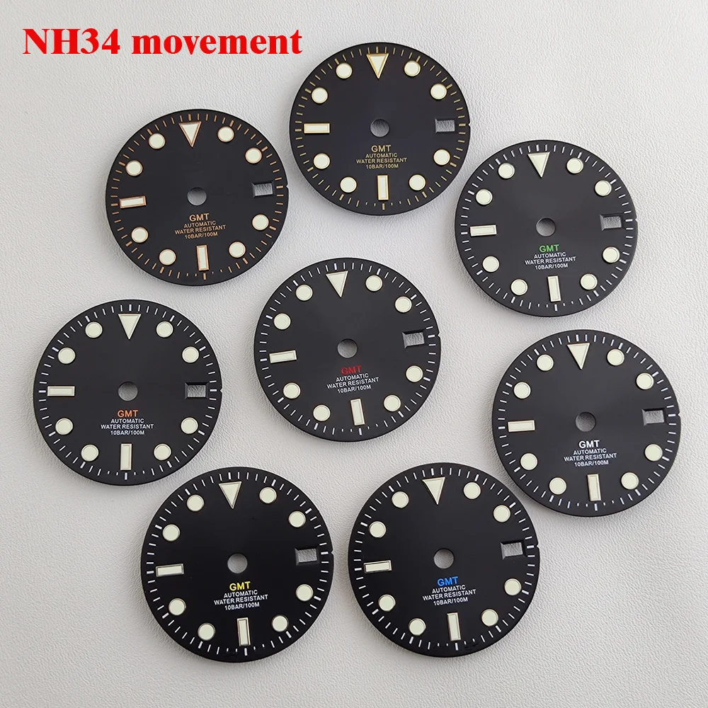 NH34 dial 29mm GMT Four Hands Green Luminous S Dial for NH34 Movement Modified Dials Replacement Watch parts
