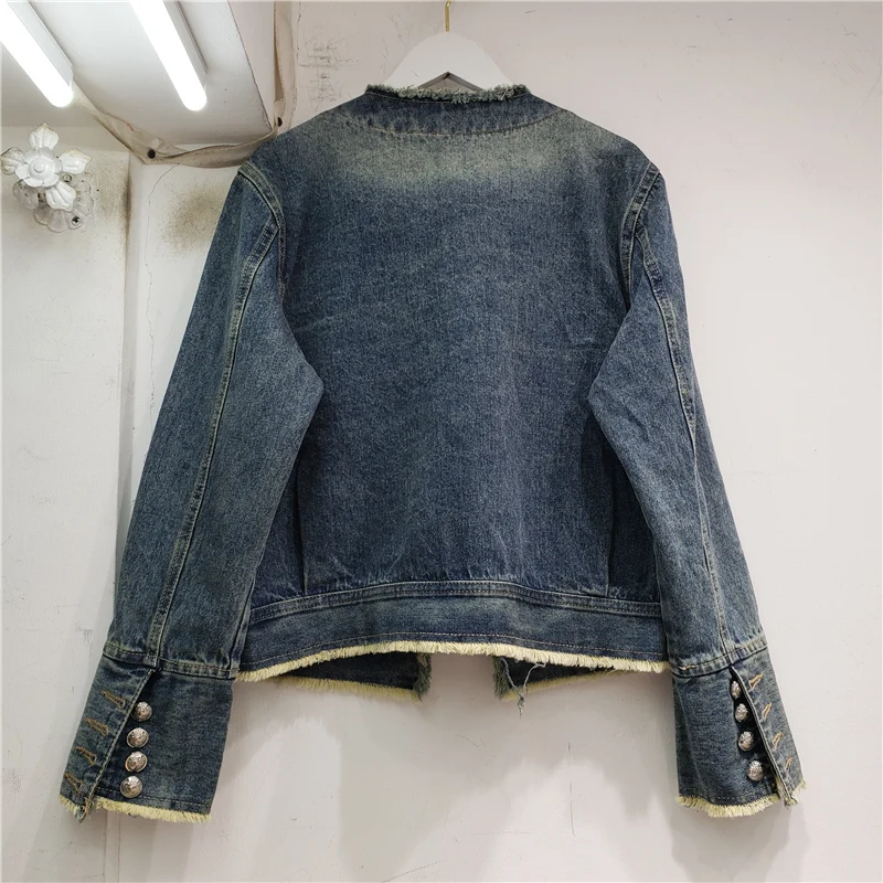 Spring Fall New Women Frayed Burrs Round Collar Pearl Beaded Denim Cardigan Jacket Vintage Washed Blue Slim Short Cowboy Outwear