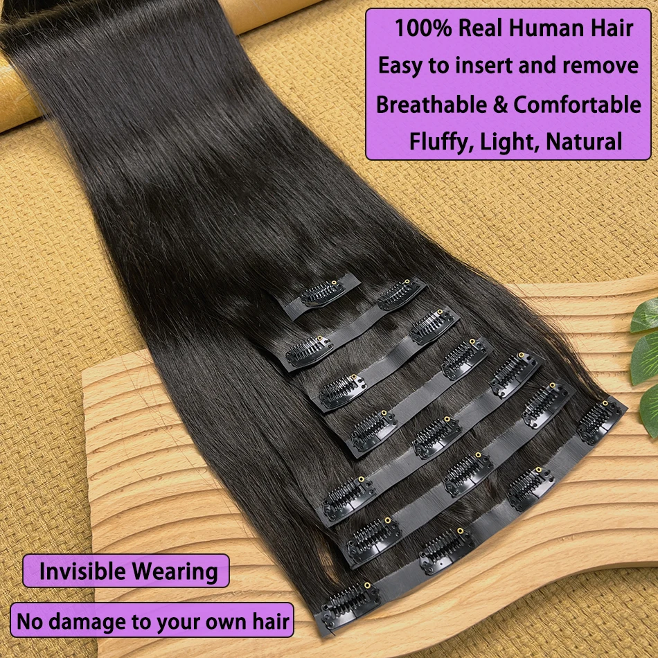 Straight PU Clip Ins Hair Extensions 100% Human Hair Natural Black Color 100g/Set 7pcs Seamless Invisible PU Weft For Women