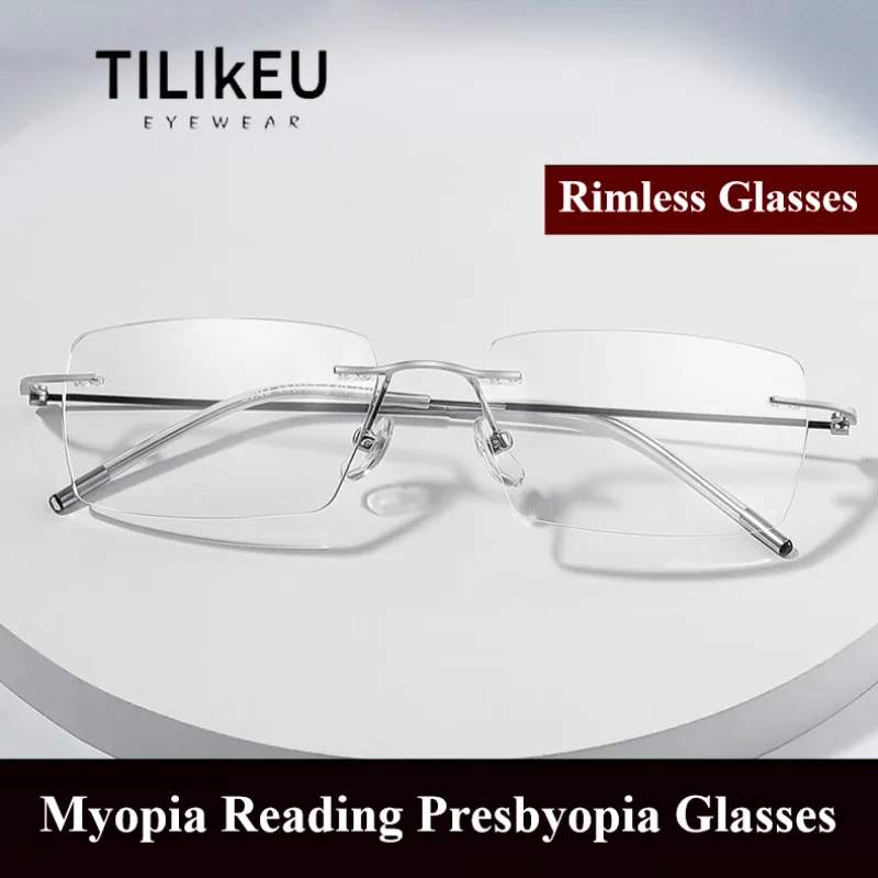 

New Titanium Alloy Rimless HD Presbyopia Reading Glasses Men Women Rectangular Retro Frameless Anti Blue Ray Myopia Eye glasses