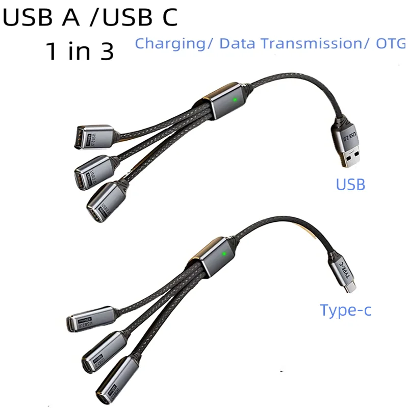 

Type-C USB OTG 1-to-3 Splitter Cable USB-A/Type-C Male to 3-port Female Extension Cord Adapter Hub for Laptop SmartPhone U-disk