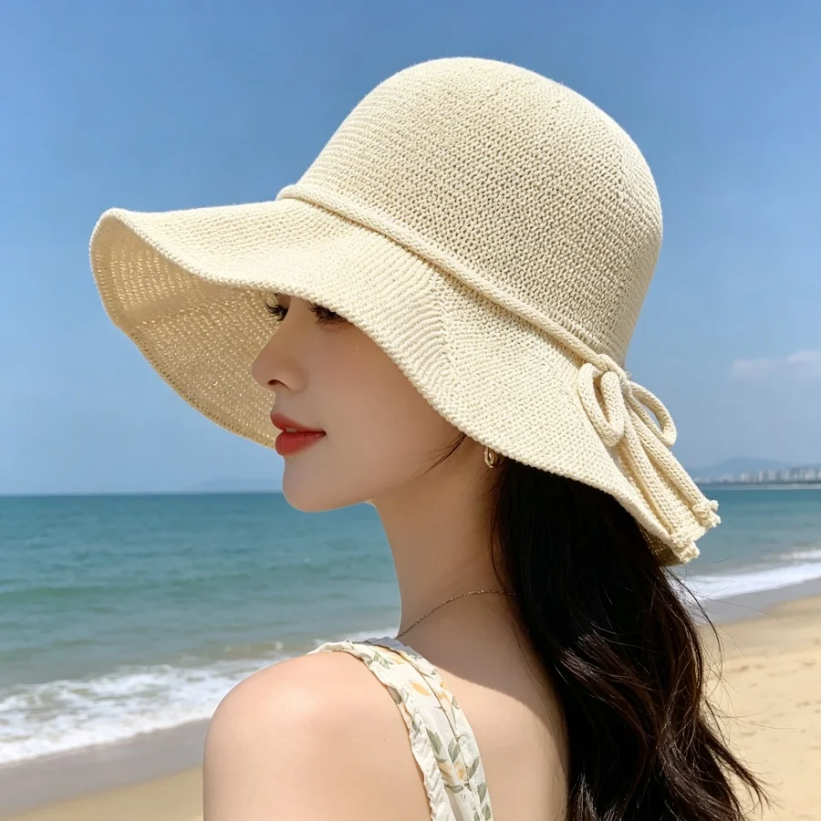 Hollow-Out Breathable Knit Wide-Brimmed Fisherman's Hat for Women, Adjustable Sun Hat with Bow Tie at the Back, Summer Uv Protection Wide-Brimmed Sun Hat, Versatile Foldable Sun Hat for Beach Vacations, Outdoor Activities, and Shopping, Available in Multiple Colors
