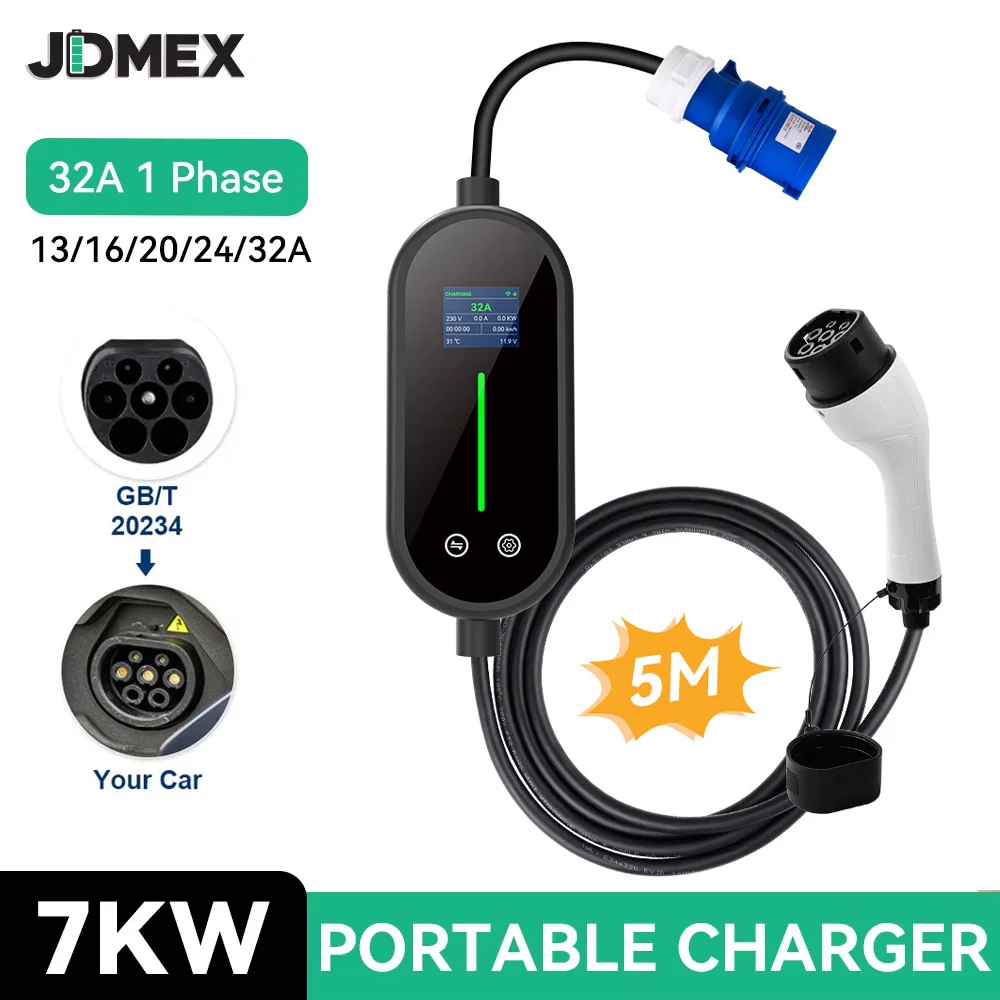 JDMEX GBT Portable EV Charger 7KW Car Charger 32A 1Phase Wallbox EVSE Charger APP Control 5M Cable for Electric Vehicle