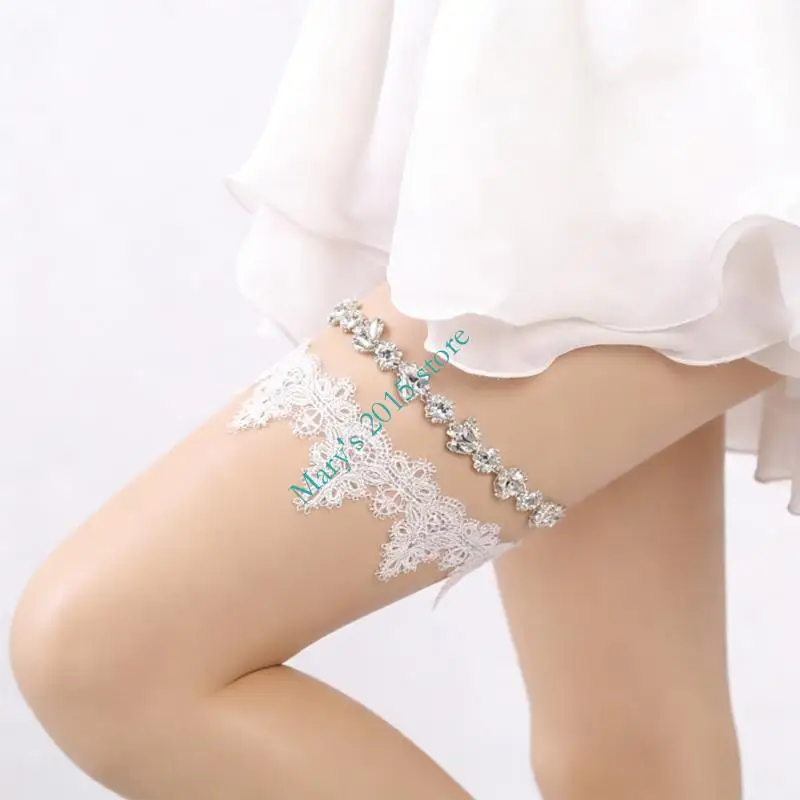 2PCS Elegant Bridal Garter with Rhinestones Decors for Wedding Ceremony Dressingup Lace Leg Garters for Special Event