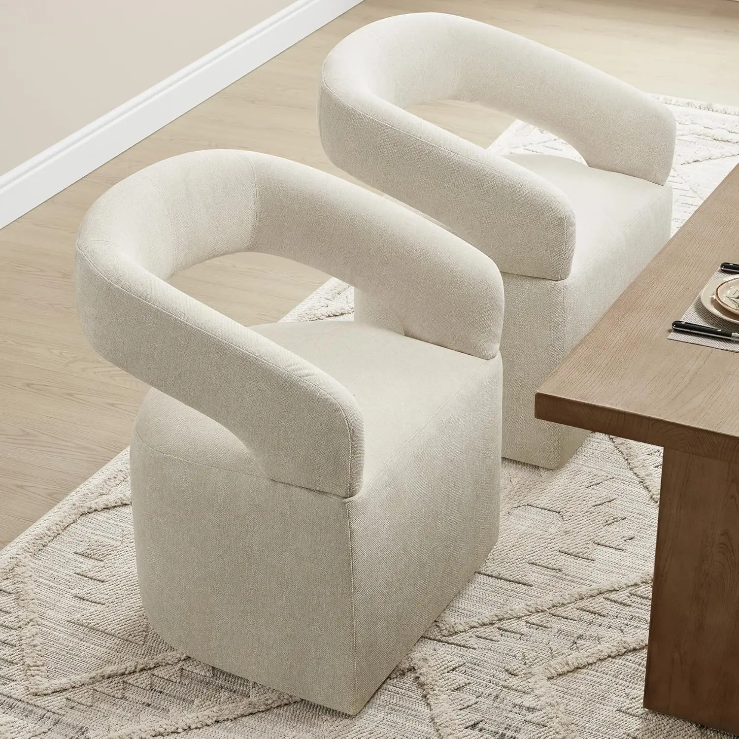 Upholstered Dining Chair with Removable Casters Barrel Side Armchair with Rollers for Diningroom Bedroom Livingroom Reading Room