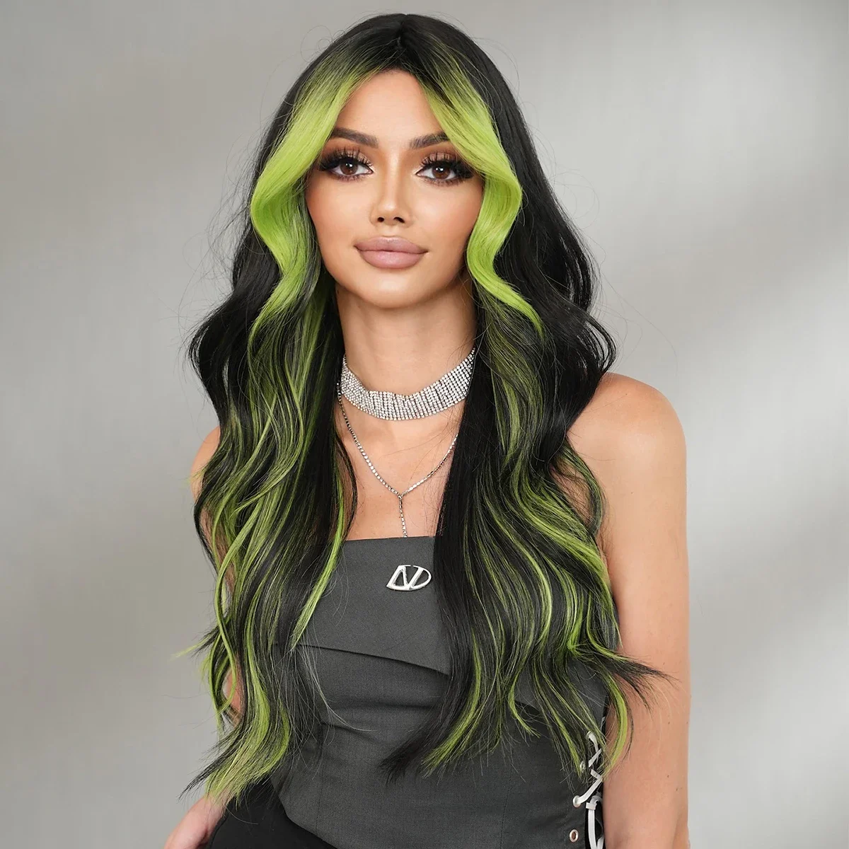 NAMM Layered Wig Synthetic light Green Wig for Women Cosplay Highlight Dyeing Green Wavy Wigs with Fluffy Bangs Resistant Fiber