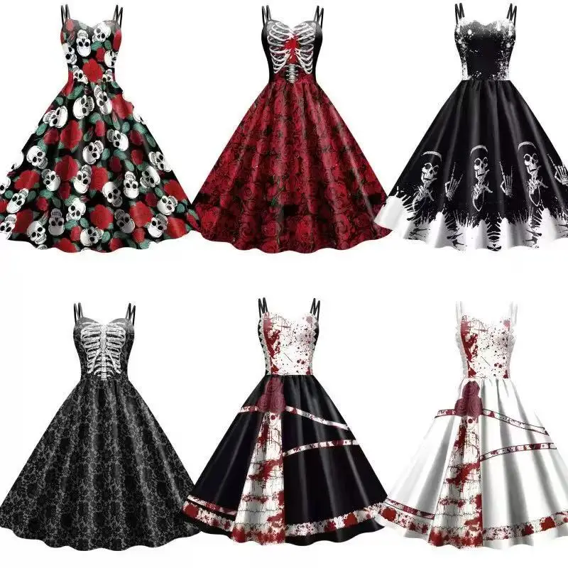 Women's Halloween Goth Rock Dress Flower Print Suspender A-word Party Dress Retro Rock Party Role-playing Multi-pattern Dress