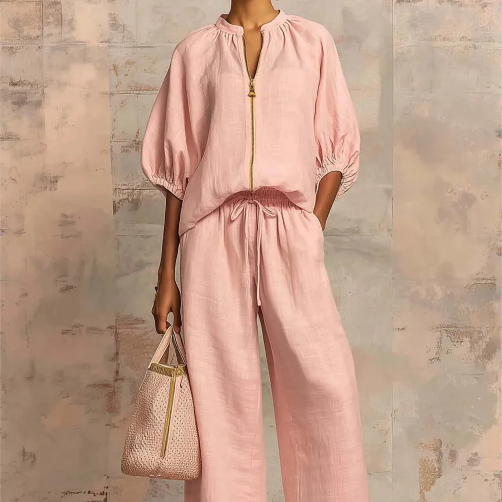 

Solid Color Simple Trousers Set Fashionable Comfortable Commuter Style Mid-sleeve Round Neck Zipper Top Trousers Two-piece Set