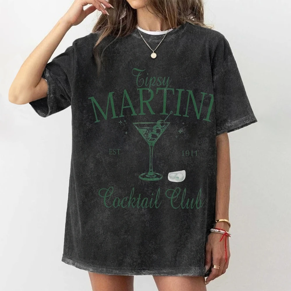 

Vintage Washed T - Shirt,Graphic with Martini Glass, Retro & Sophisticated Vibe, Oversized Fit, Soft Cotton for Casual Wear