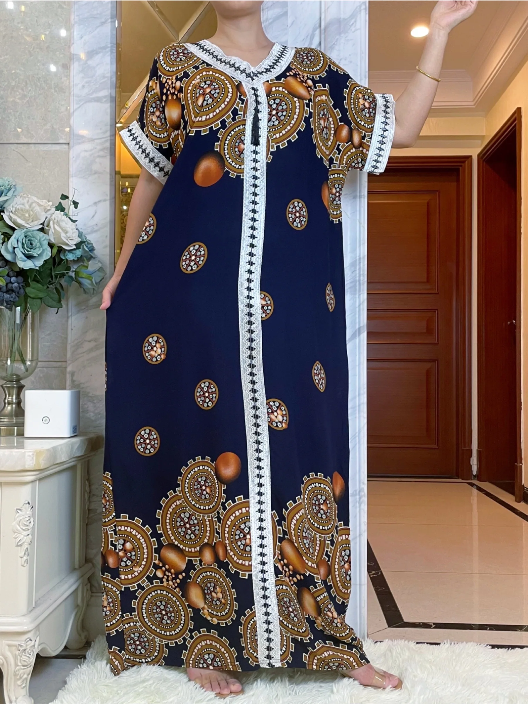 Dubai New Style African Women Casual Short Sleeve Vintage Printed Long Cotton Lady Elegant Summer Maxi Casual Loose Dresses