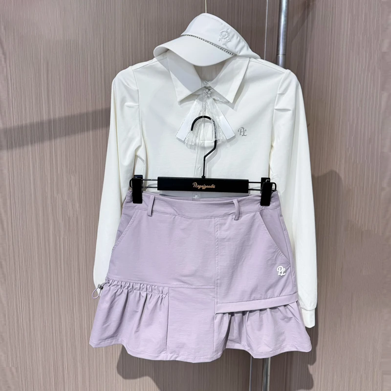PL Women Long Sleeve Golf Polo Shirts Ladies Autumn New T-shirt Bowknot Lapel Sports Top Ladies Cargo Short Skirts Slim Skort