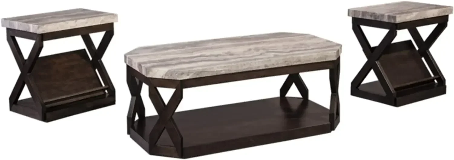 Signature Design by Ashley Radilyn Faux Marble 3-Piece Table Set, Includes Coffee Table and 2 End Tables, Gray & Brown