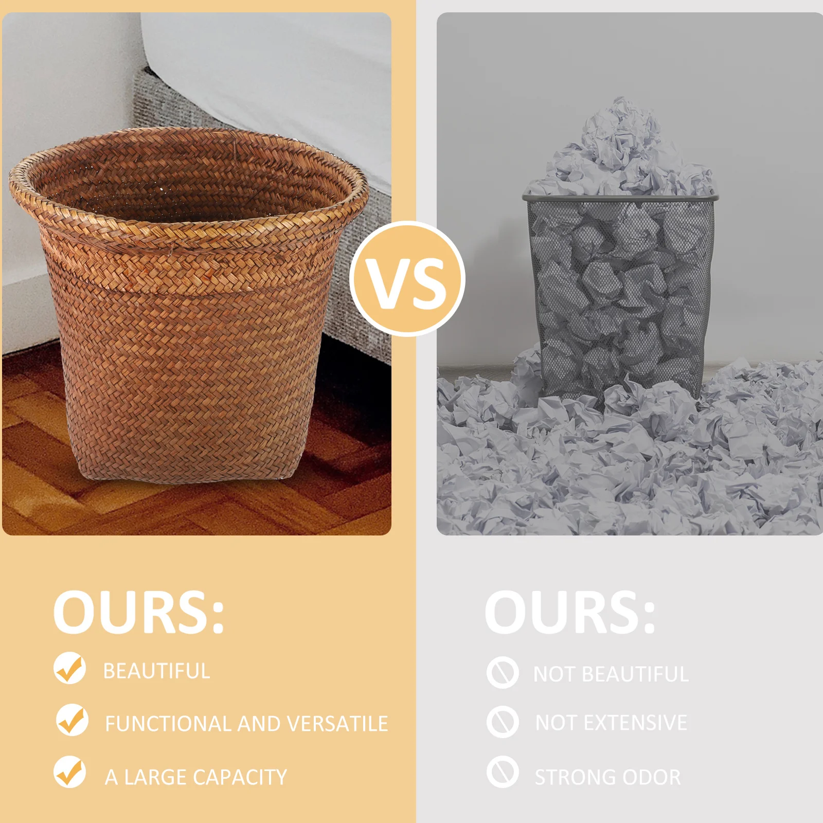 

Straw Woven Wastebasket Natural Vintage Design Smooth Edges Waste Paper Basket For Office Bedroom Bathroom Home Storage Trash