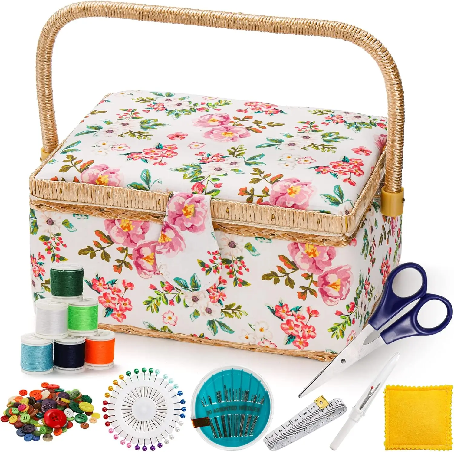 

Vintage Floral Sewing Kit Storage Box with Removable Tray, Carrying Bag for Beginners and Professionals, Perfect Christmas Gift