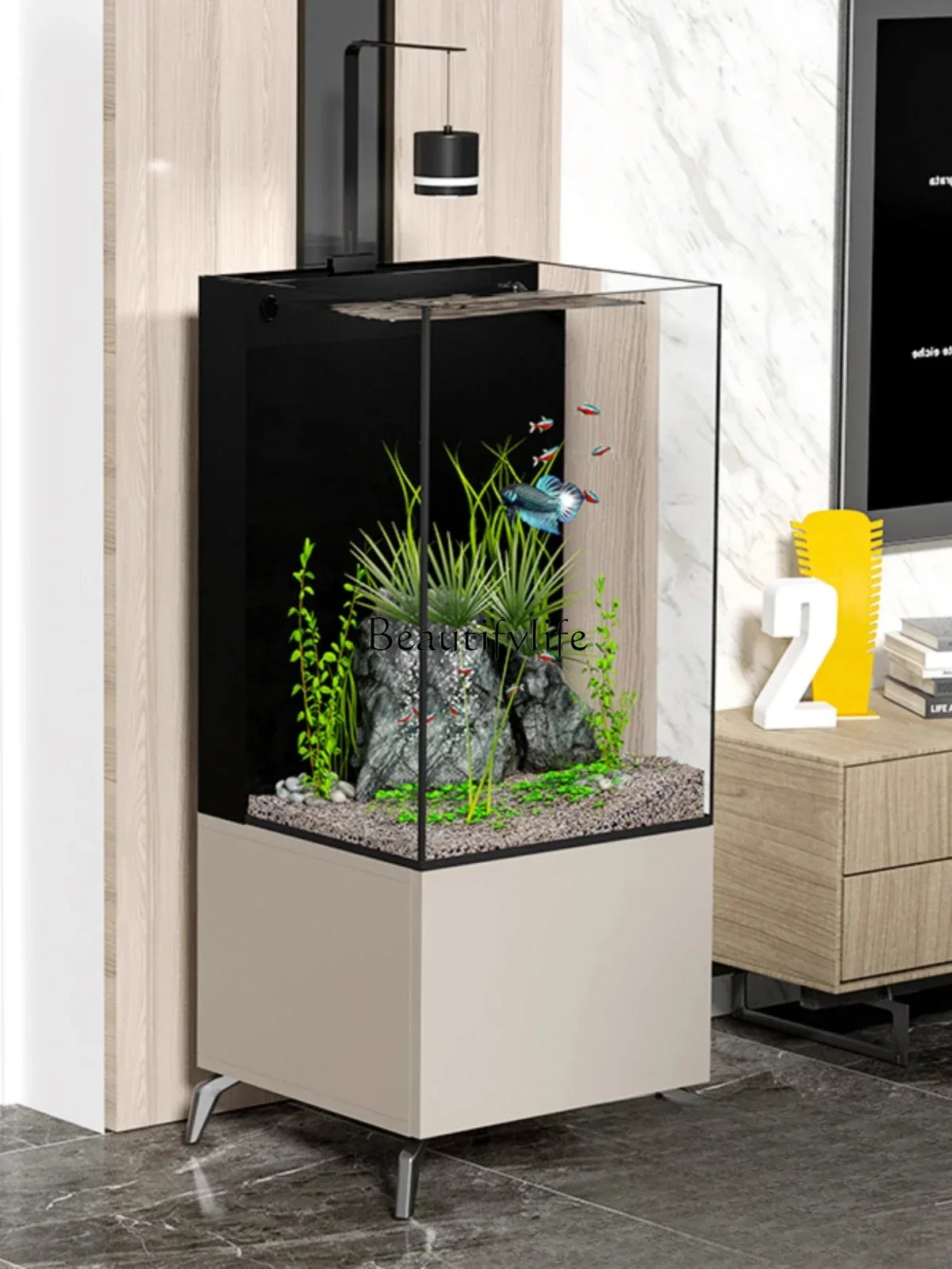 Living Room Small Square VAT Base Cabinet Back Filter Super White Glass Fish Globe Aquarium Floor Home