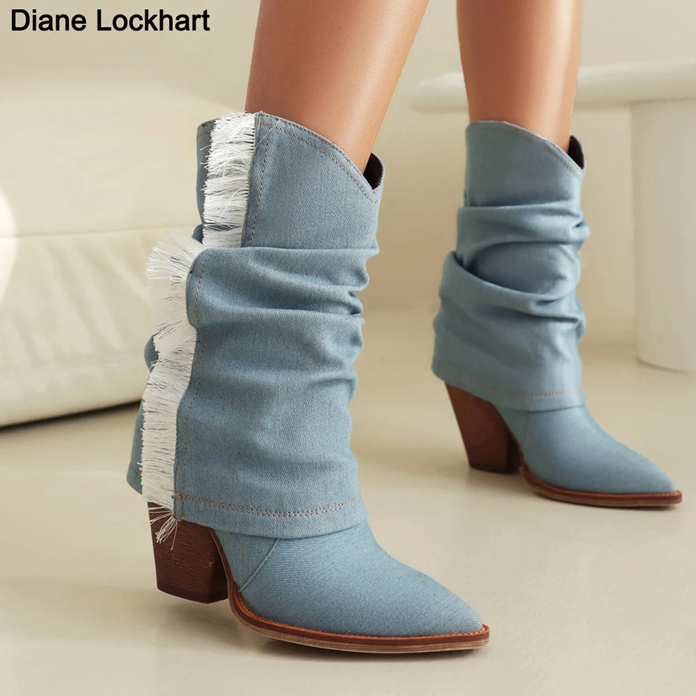 

Women's Boots 2023 Autumn Women Cowboy Boots Pointed Toe Square Heels Boots Fashion Denim Tassel Shoes New Mid-Calf Female Boot