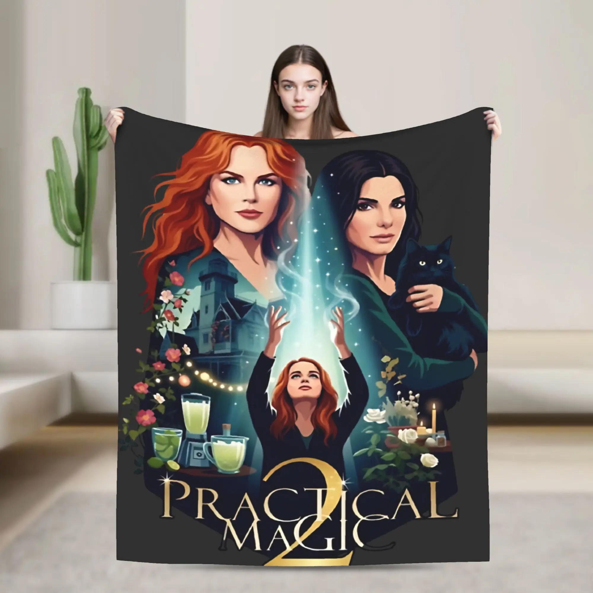 Novelty Design Practical Magic 2 Witch Sisters Midnight Margaritas Witchcraft Black Cat Blankets Soft Fleece Throw Blankets