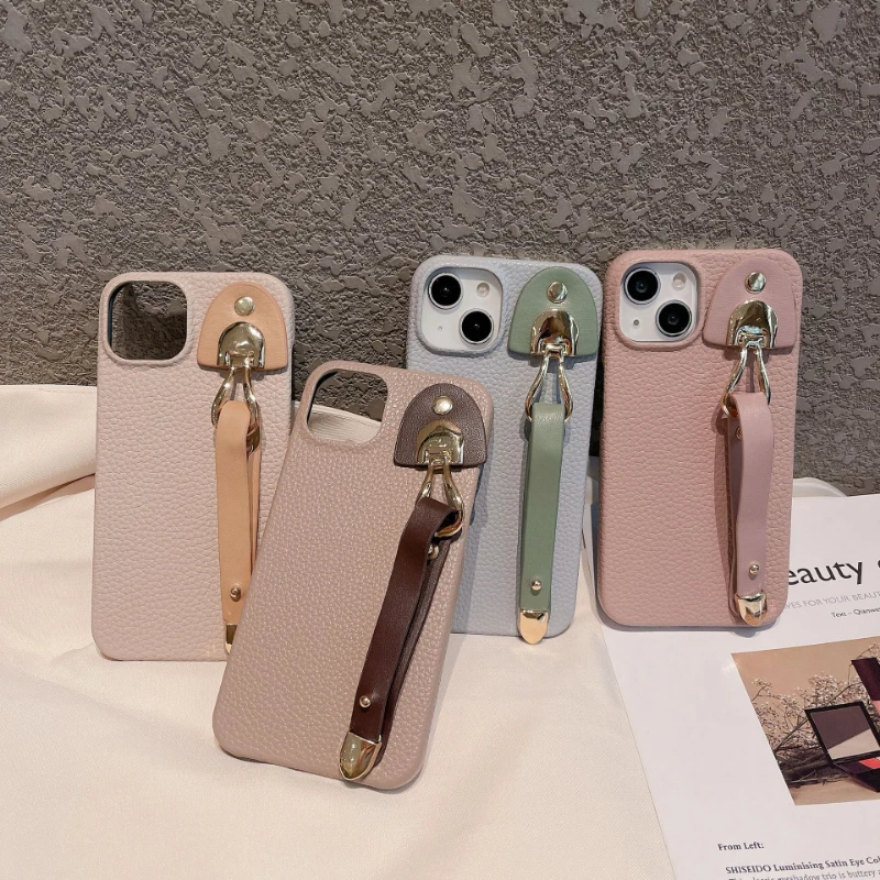 The New Model Is Suitable for iphone 15 Pebbled Wristband Bracket Phone Case 11 12 13 14 PRO MAX Leather Drop Protection Cover