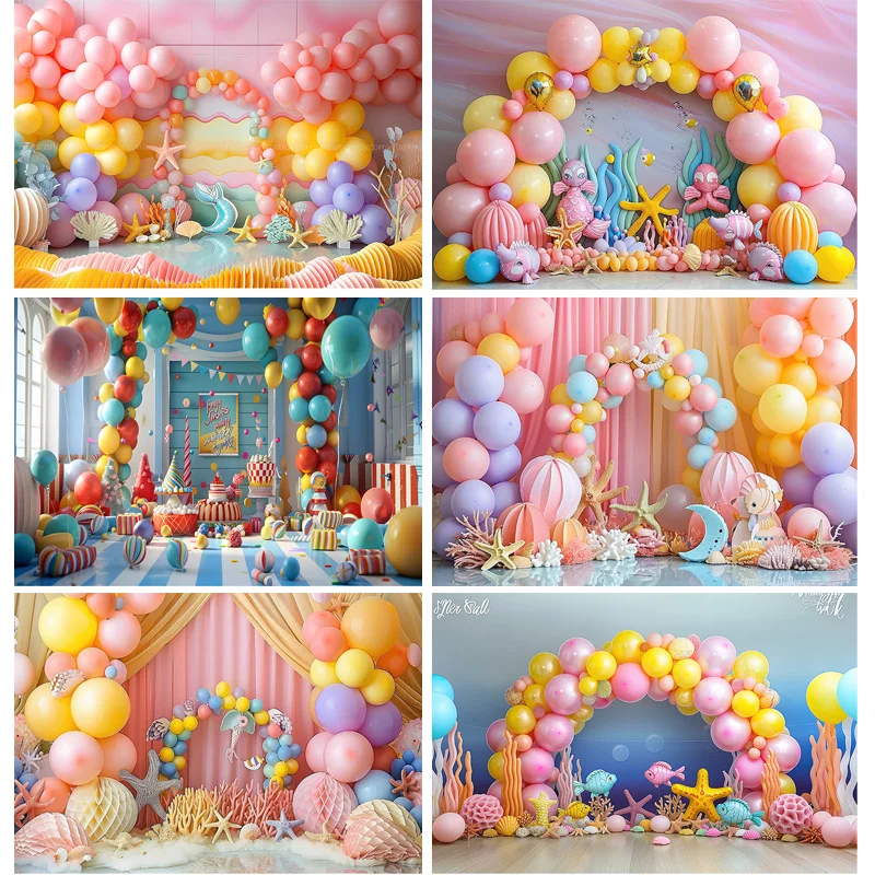 Escena de playa de sirena y estrellas de mar, Fondo de fotografía, decoración de feliz cumpleaños, globos, corona, fiesta, estudio fotográfico, DF-02