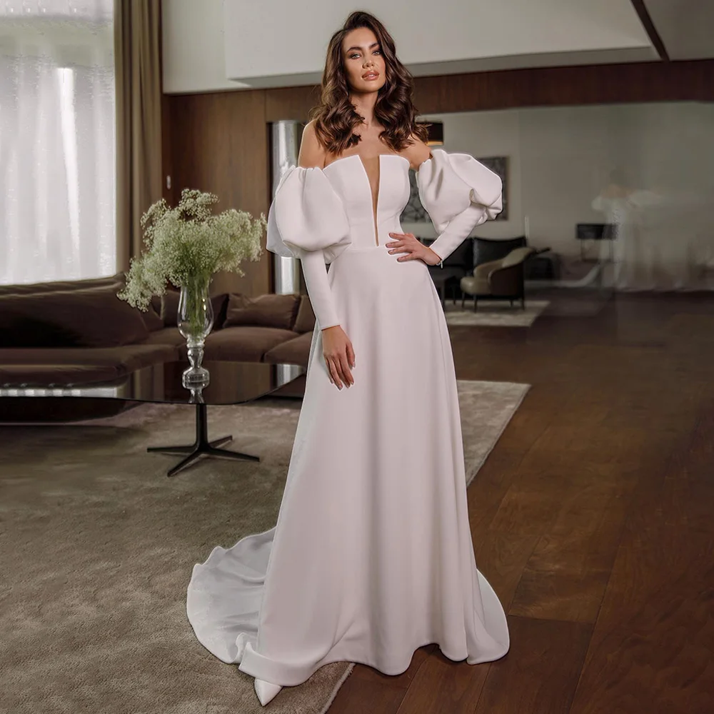 

Simple Wedding Dress Cut Out Deep V Neck Strapless A Line Women's Gowns Long Sleeves Backless Ivory Bridal