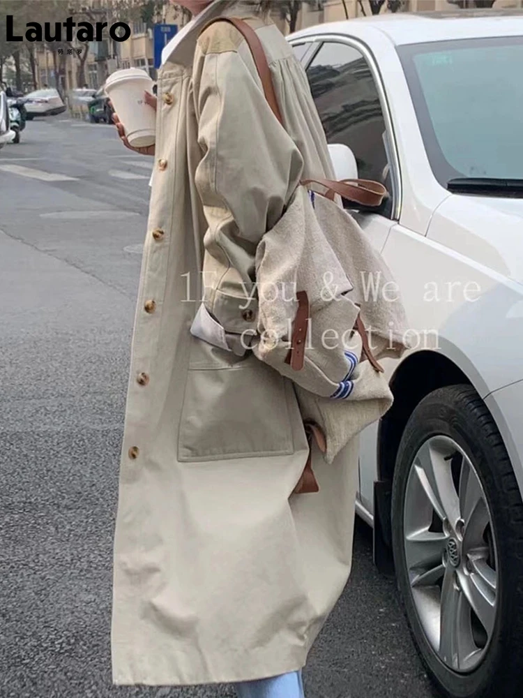 Lautaro Spring Autumn Long Oversized Casual Trench Coat for Women Single Breasted Loose Designer Luxury Clothes Overcoat Fashion
