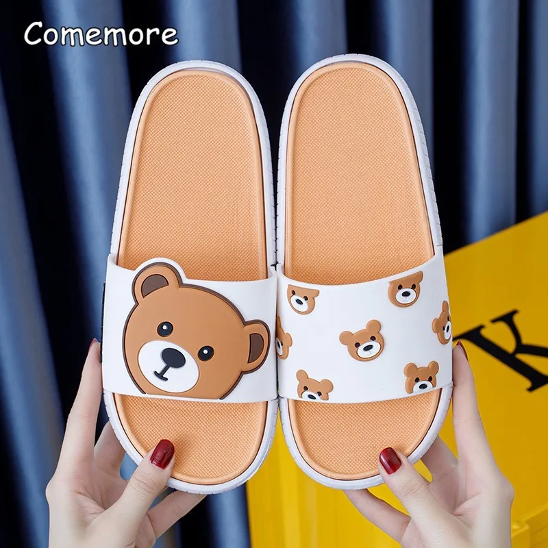 Comemore Summer Home Slippers Woman Indoor Fashion Non-slip Women\'s Sandals Couples Cartoon Bear Beach Soft Slipper Flat Shoes