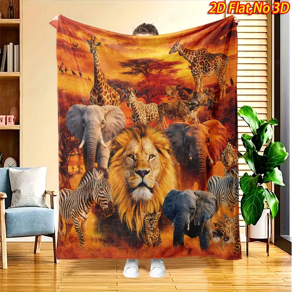 Orange Sunset Savannah Background Lion Elephant Giraffe Zebra Safari Animal Full Print Fluffy Blanket Warm Couch Cover Gift
