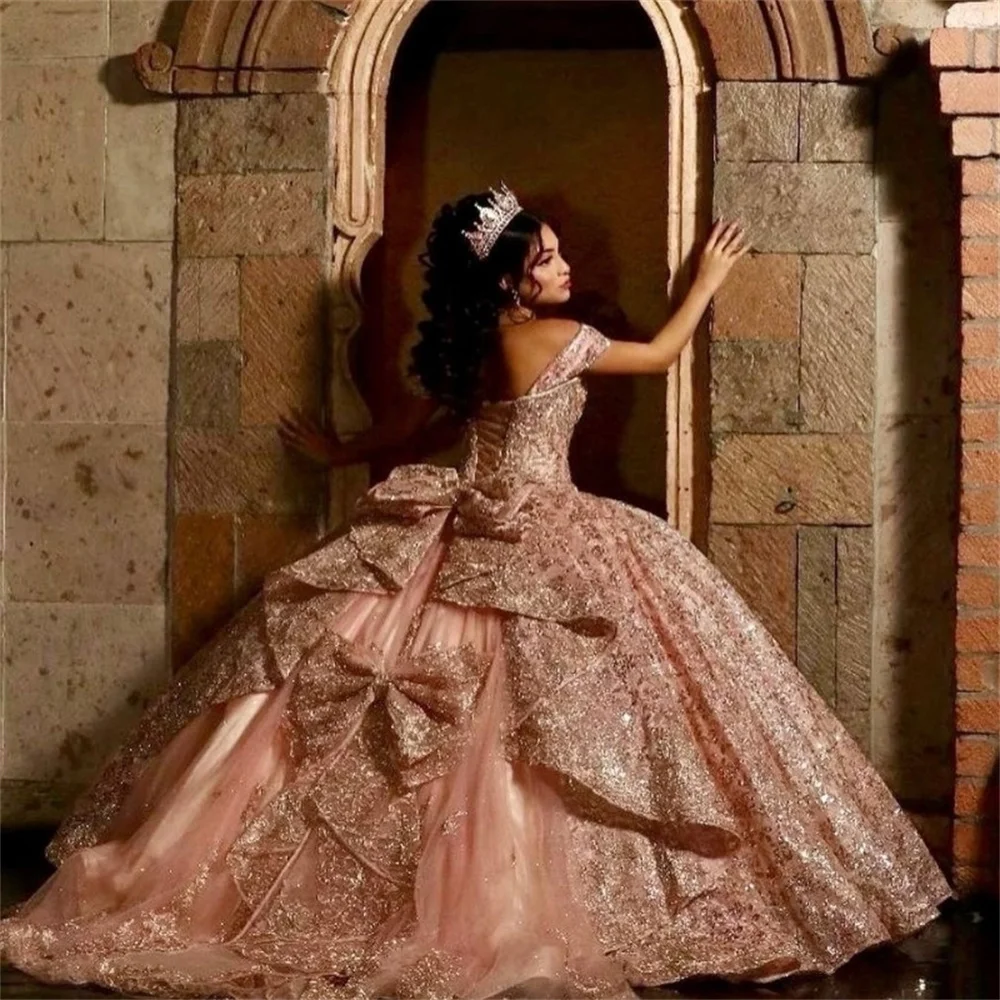 Sparkly Rose Gold Princess Quinceanera Dresses With Bow Ball Gown Glitter  Appliques Crystals Beads Sweet 15th Dress Customized - AliExpress 320