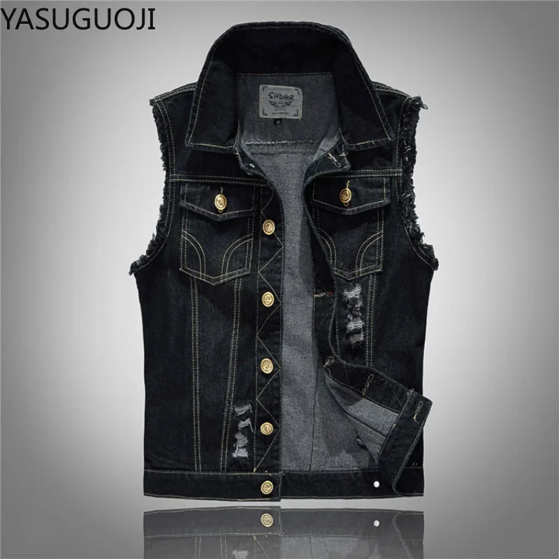 

Fashion Cotton Jeans Sleeveless Jacket Hole Vest Men Plus Size Black Denim Vest Male Cowboy Waistcoat Mens Jeans Vests