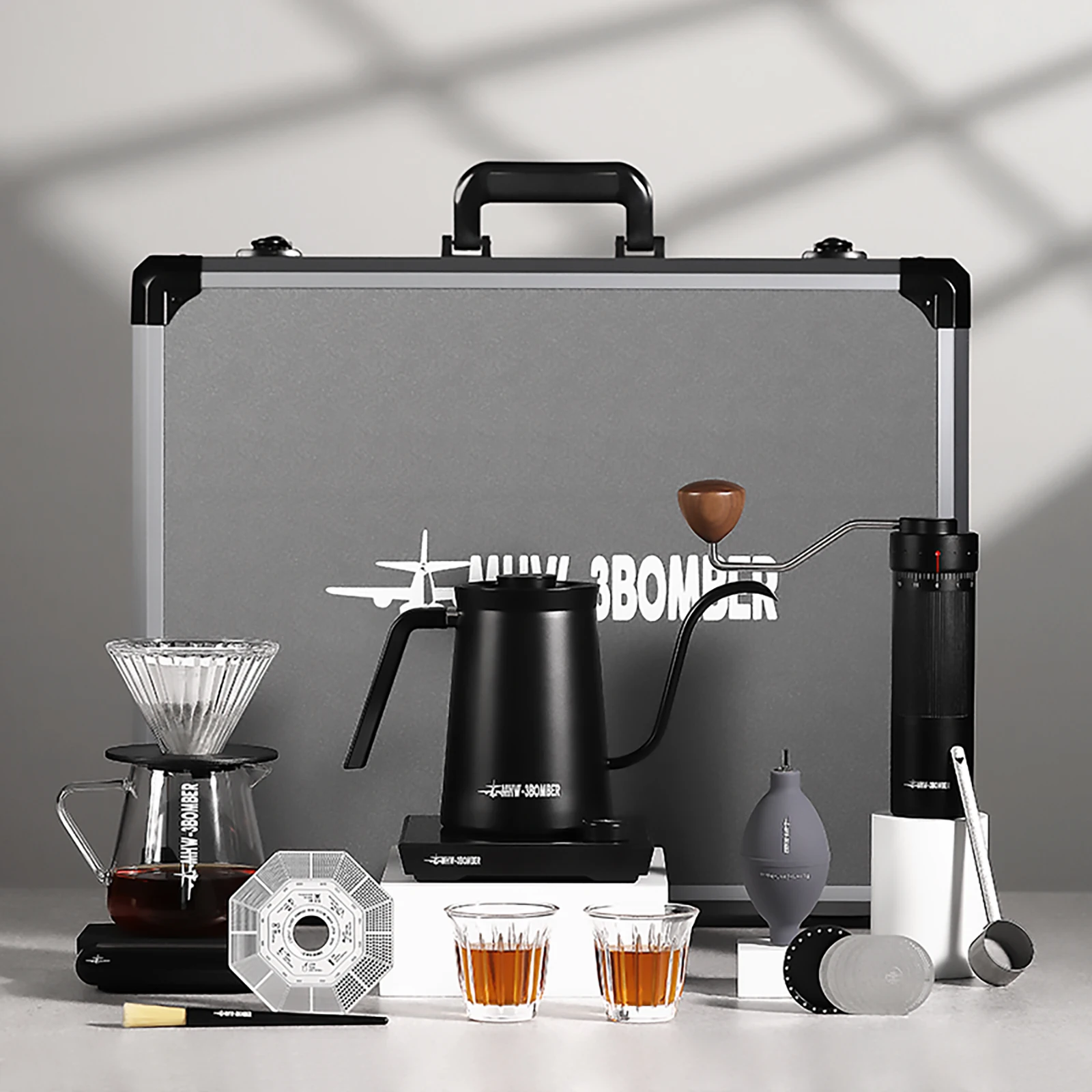 

MHW-3BOMBER Pour Over Coffee Maker Set Coffee Kettle Scale Glass Server Dripper Grinder Filter Paper Glass with Metal Box Gift