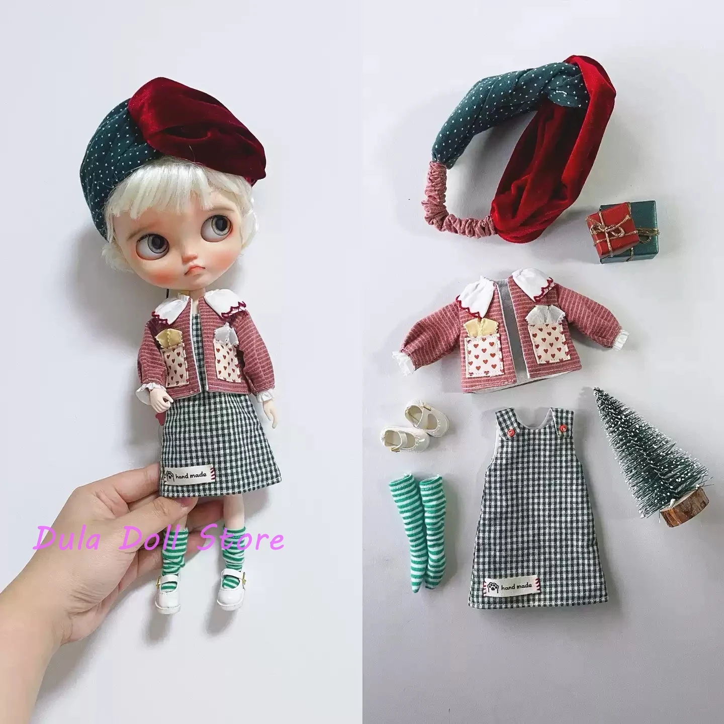 Dula Doll Clothes Dress Dark green checkered skirt gift jacket Blythe ob24 ob22 Azone Licca ICY JerryB 1/6 Bjd Doll Accessories