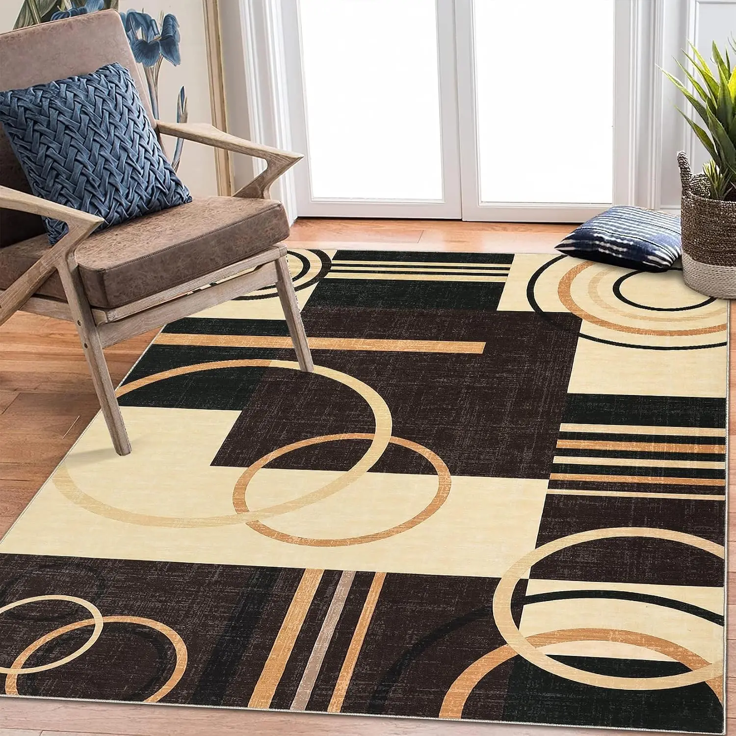 1pc 2D Flat Black Beige Circle Geometry Printed Floor Mat, Decorative Rug for Living Room, Bedroom, Office, Home Decor
