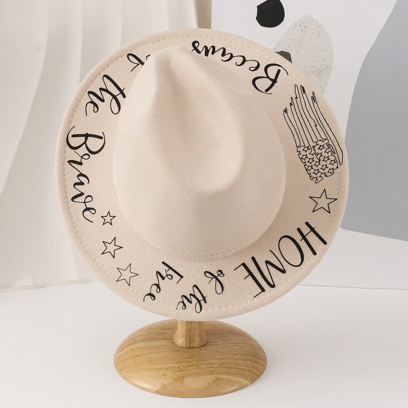 Letters Stars Printed Panama Hat Fashionable Wide Brim Felt Fedora Caps for Women and Men
