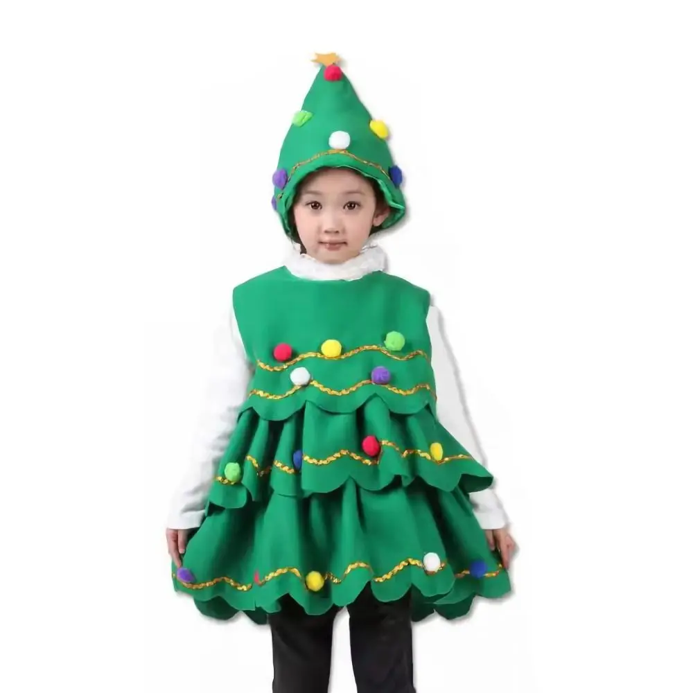 ファッションポリエステルクリスマスツリーコスチューム Leeveless 帽子子供ドレス漫画パフォーマンスコスプレ衣装子供