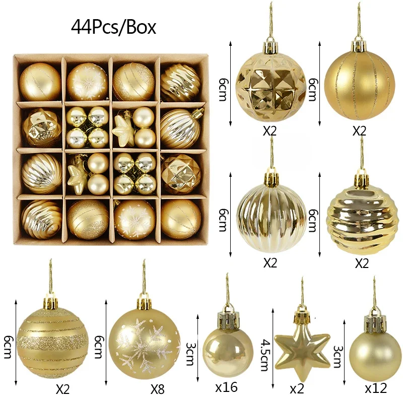 44Pcs Gold Plastic Christmas Balls Assorted Christmas Baubles Xmas Tree Snowflake Ornament 2025 New Year Decoration