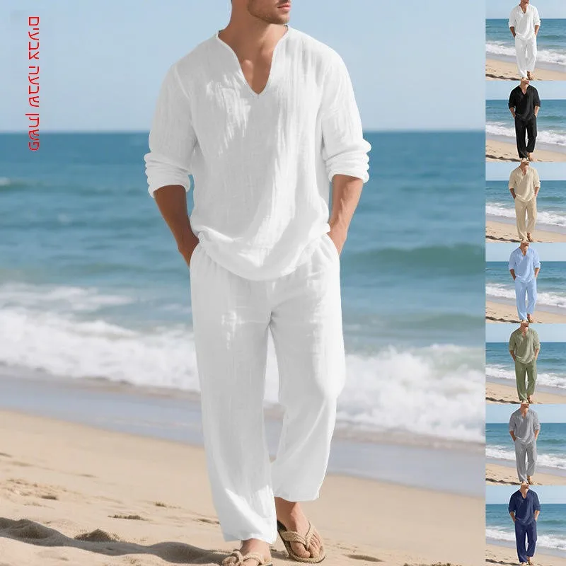 

Мужской льняной комплект в американском повседневном стиле: футболка с V-образным вырезом и длинными рукавами, длинные брюки. Модный осенний мужской костюм.