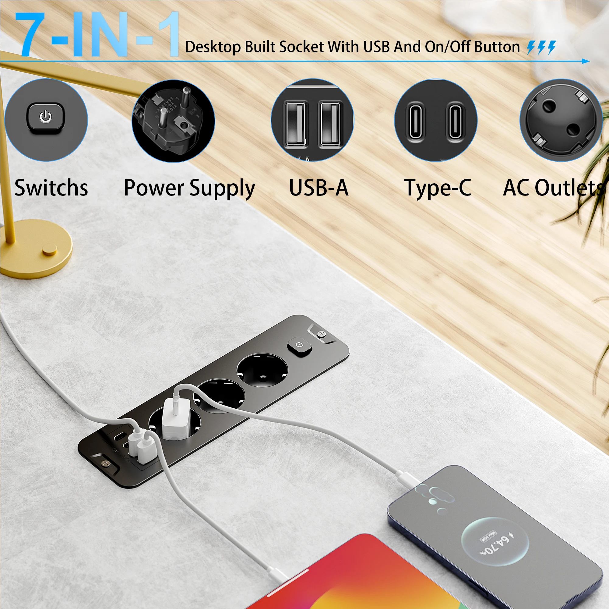 Multiprise intégrée installable 7 en 1 standard européen avec 2 USB-A, 2 USB-C, 3 prises de courant AC, alimentation d'extension de 2 mètres cor