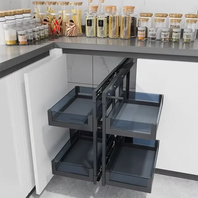 Modern Pull Out Kitchen Cabinet Metal Frame Tempered Glass Storage Unit Eco Friendly Multi Functional Locker Custom Size