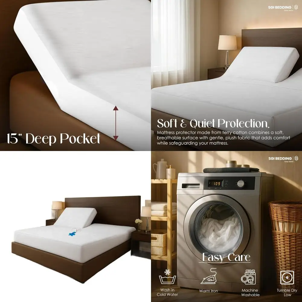 

Queen Size Waterproof Mattress Protector - 60x80, 34 Top, 18 Deep Pocket, Adjustable Bed Compatible, Noiseless & Breathable, Whi