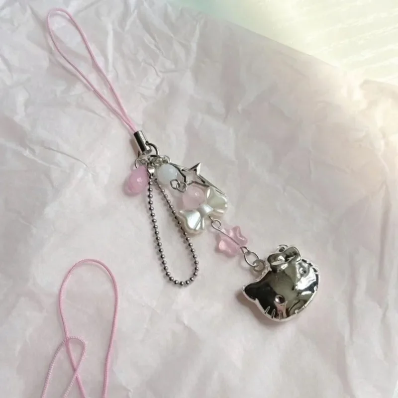 Kawaii Hello Kitty Phone Chain Sweet Girl Heart Transparent Butterfly Bow Phone Chain Cute Bag Pendant Small Gift