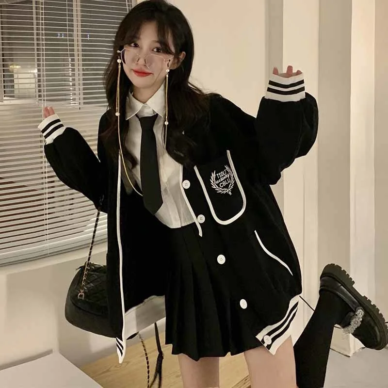 Student Girl Coat Baseball Jacket Boyfriend Spring Korean Loose Cotton Oversized American Versatile White Long Sleeved Cardigan