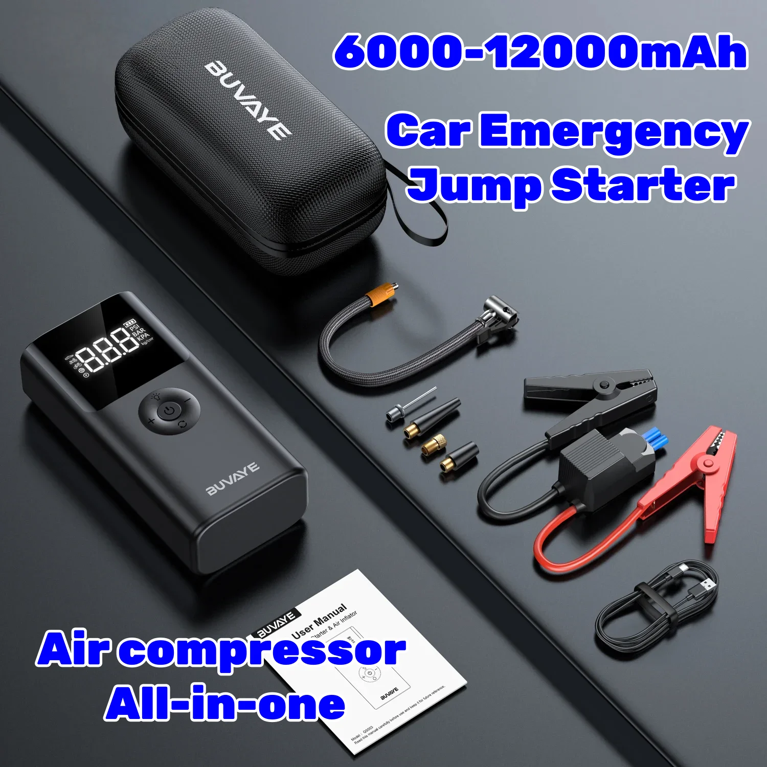

2500A 4-in-1 Car Jump Starter with 150PSI Air Compressor, USB Power Bank and 12V Battery Booster for All Vehicles