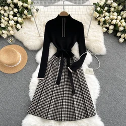 Women Chic Elegant Patchwork Half High Collar Long Sleeve Bodycon Knit Dress Sexy Fashion Elastic Slim A-line Dress