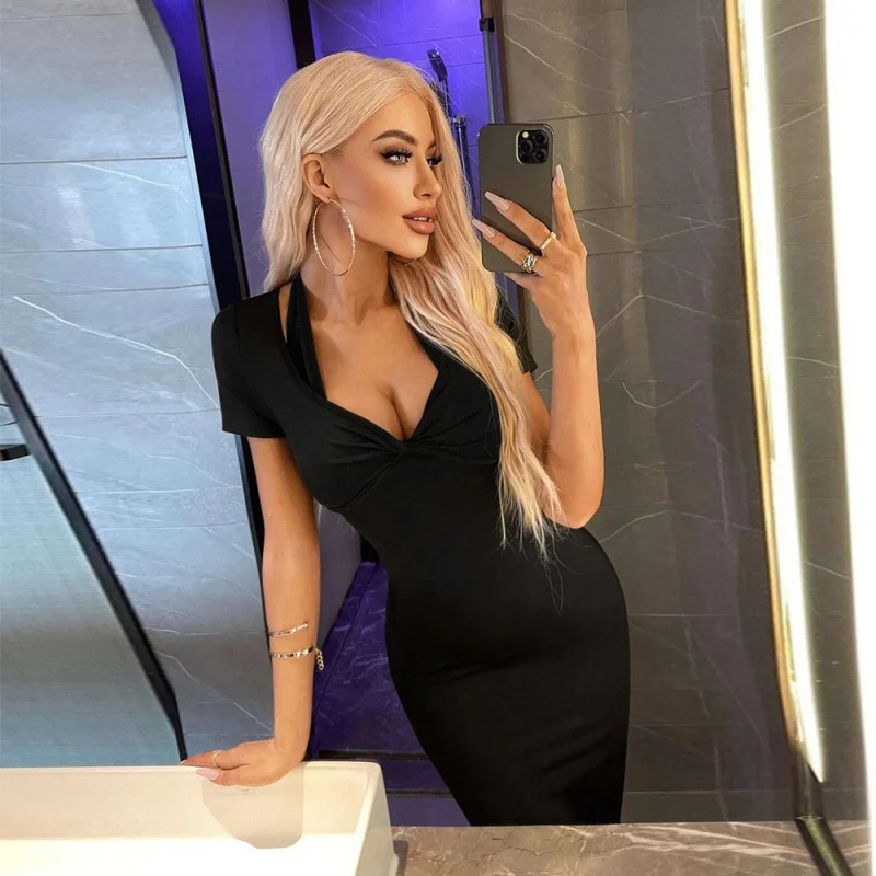 YQ1-Wind 여성 여름 신상 패션 솔리드 컬러 V넥 슬릿 바디콘 원피스 도매