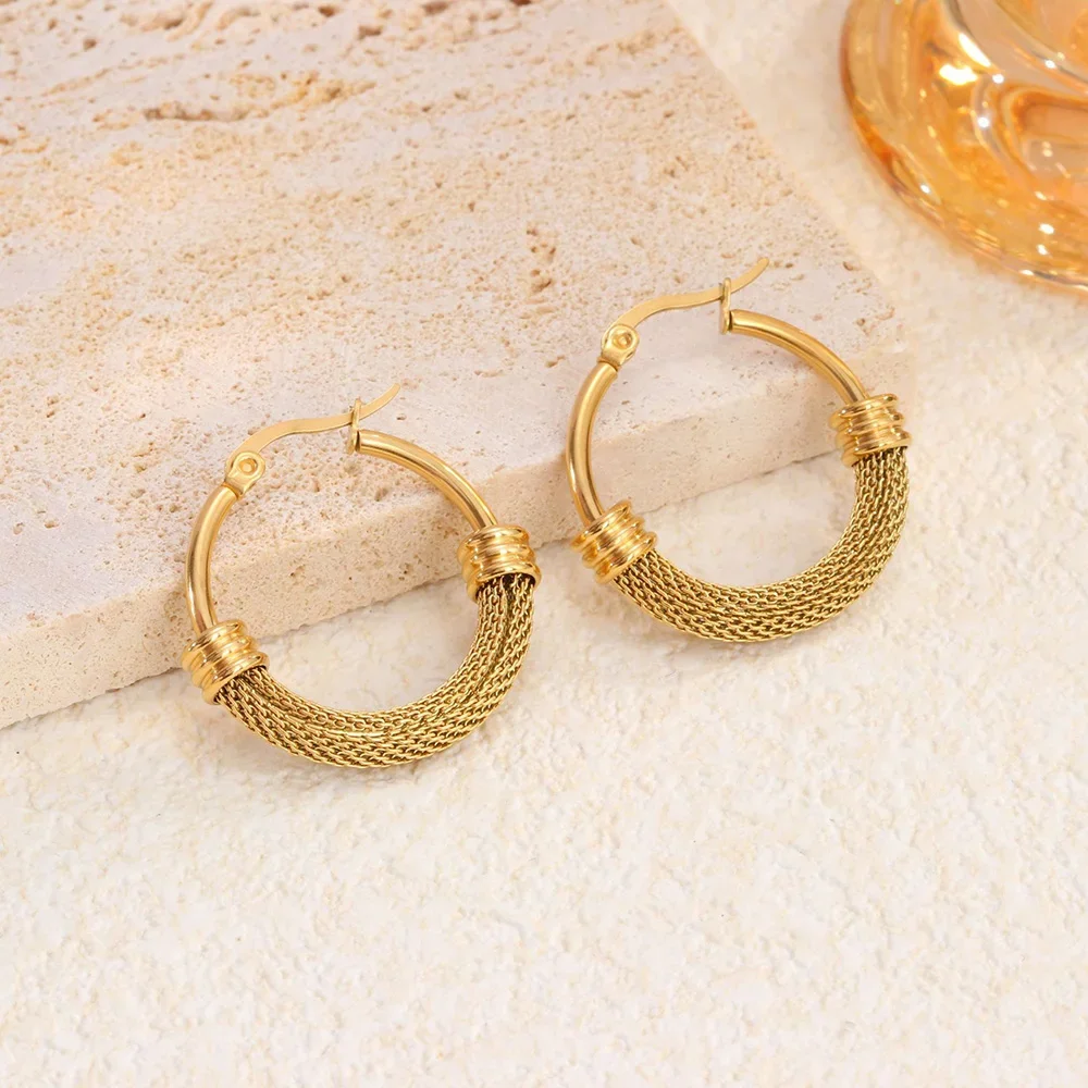 1 Pair Stainless Steel Twisted Hollow Mesh Hoop Earrings Gold Plated Round Earrings Women\'s Jewelry Accessories Wholesale